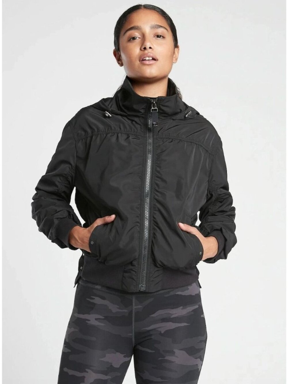 Athleta Womens Point Reyes Bomber II Hooded Crop Jacket Size Medium Black AN EXC